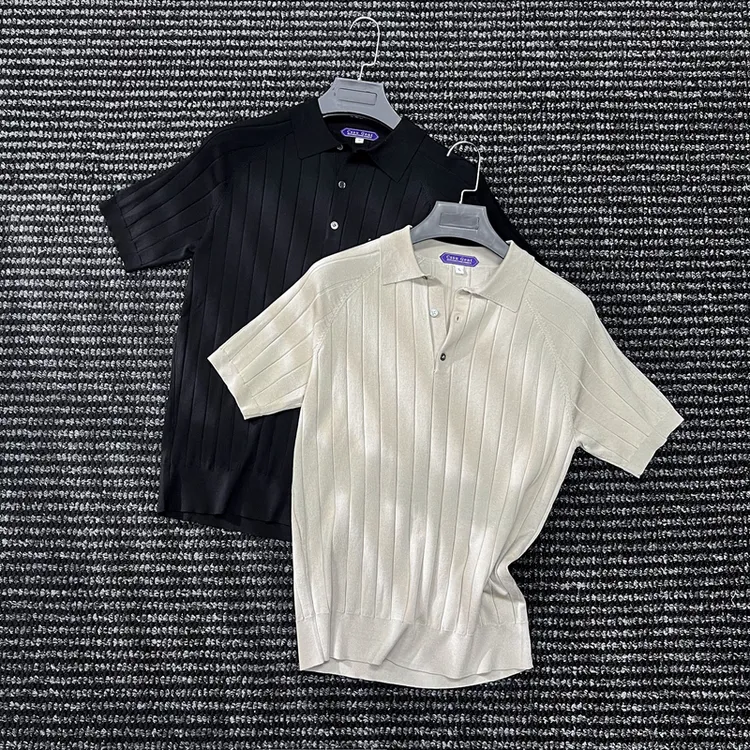 CssuGent 设计美学 老钱 桑蚕丝坑条针织短袖POLO衫男休闲优雅T恤