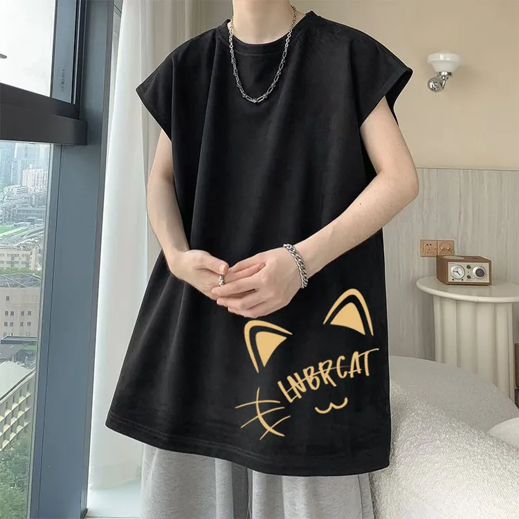 徐太浪美式无袖背心夏季猫咪印花新款男宽松坎肩休闲运动T恤上衣