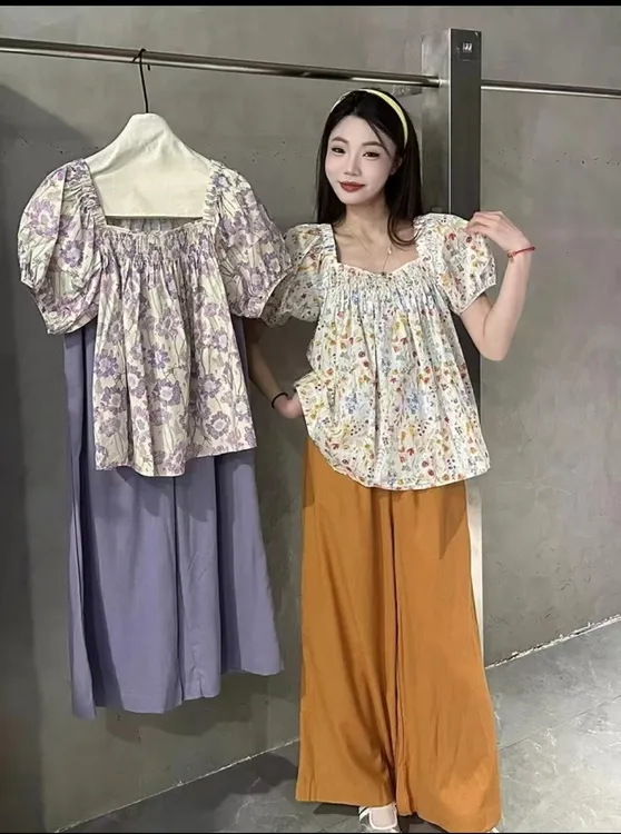 2025夏季新款减龄碎花气质显瘦法式泡泡袖上衣松紧腰阔腿裤套装