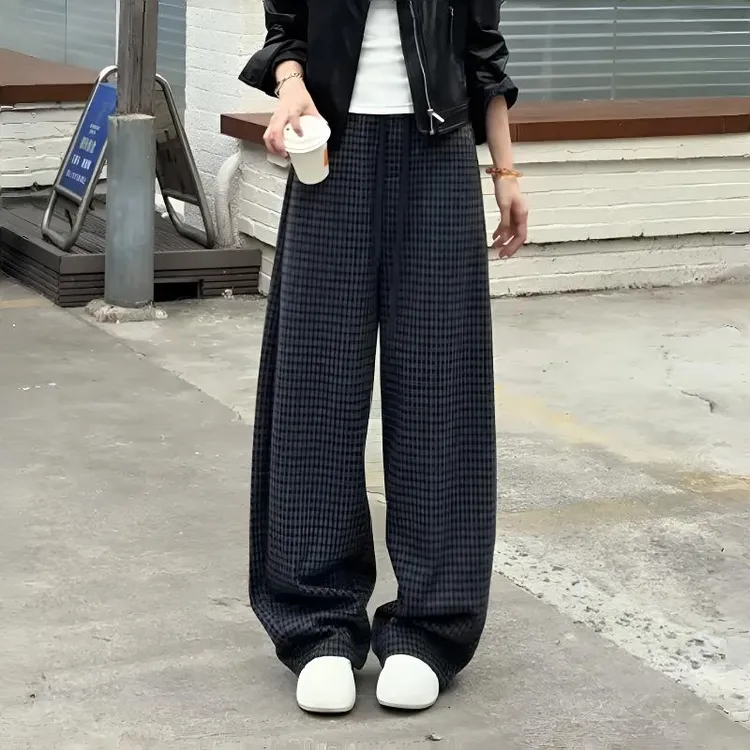 秋冬加绒保暖复古格纹阔腿裤休闲格子裤高腰宽松显瘦弯刀裤女裤子