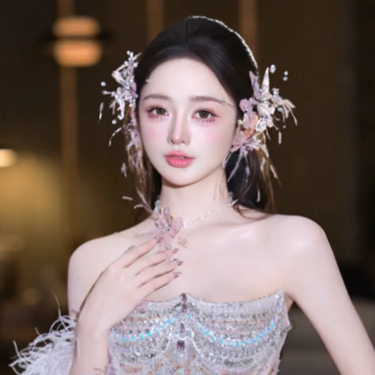 7997边夹头饰项链粉色系羽毛百搭饰品