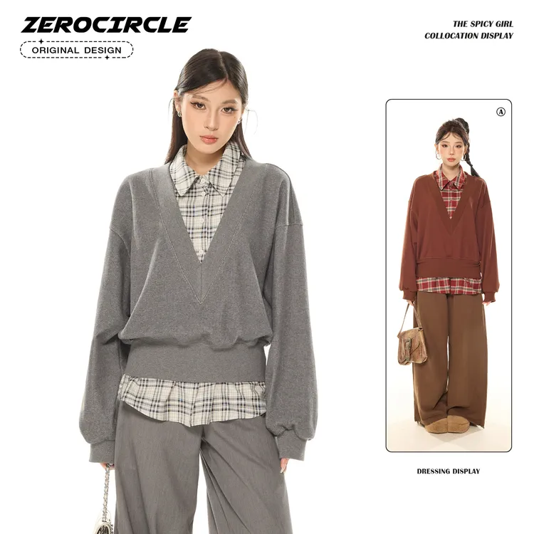 野生zero 假两件V领撞色卫衣 R29472E51