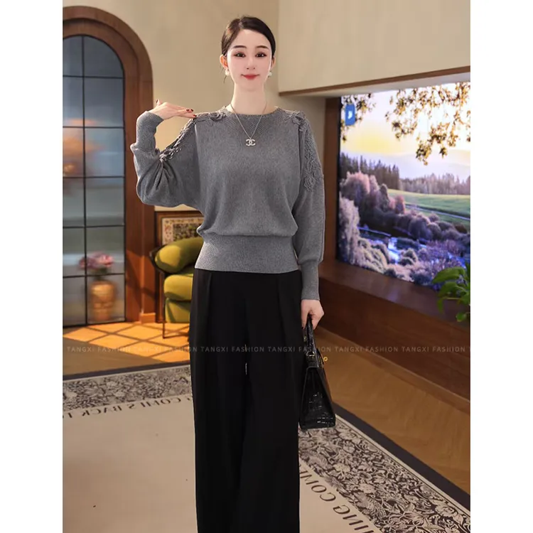 2025秋冬新款【QQ-1228-2JR】含绵羊毛长袖灰色针织打底套头毛衣女