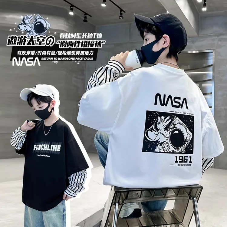 男童长袖T恤秋季韩版酷帅气中大儿童假两件卫衣男孩春秋上衣潮牌T