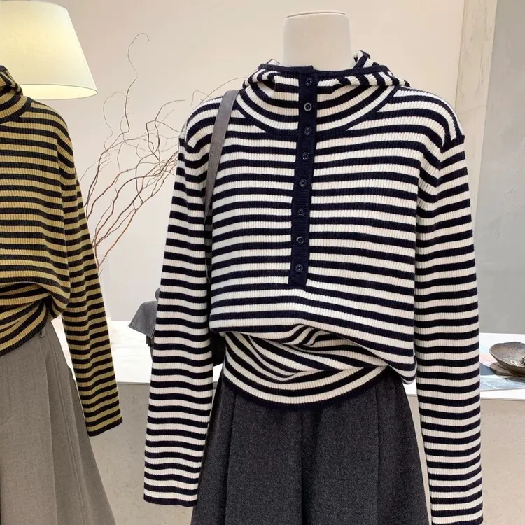大码女装条纹半开领连帽针织衫女秋冬高级感洋气时尚百搭外套上衣