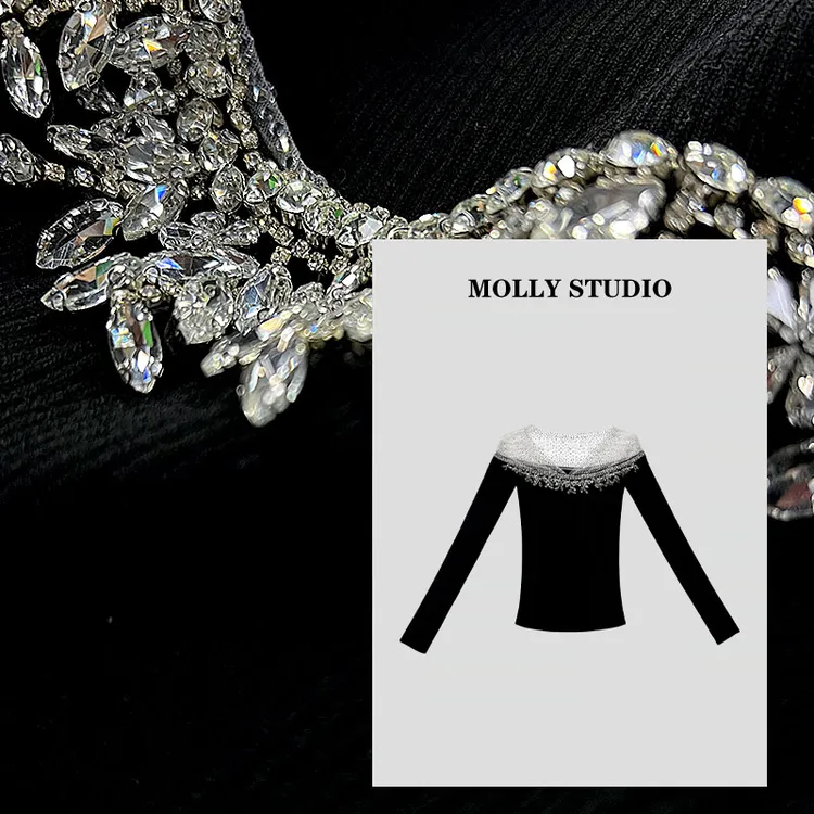 【一眼万年】Molly时尚气质显瘦轻奢重工洋气蕾丝拼接上衣 M2530091