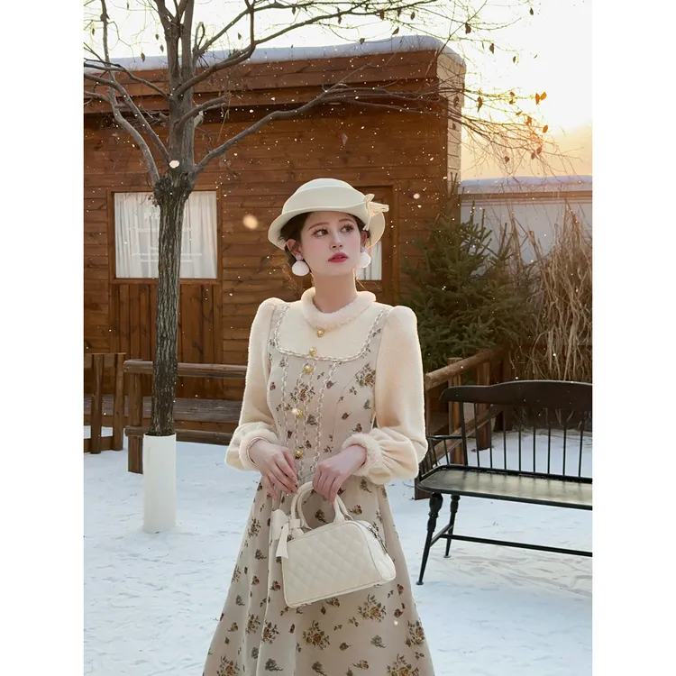 一生罗曼【小雪人】法式复古高级感休闲气质长袖连衣裙L1584