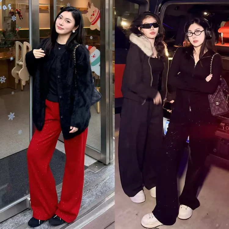 PM王囡囡 黑/红/黄色松紧腰星河闪闪加绒休闲阔腿裤 ND1D2213