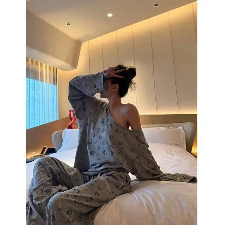 ins风韩版kt猫印花露肩睡衣套装女春秋新款可外穿薄款舒适家居服