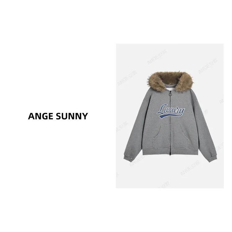 曲阳 ANGE SUNNY【巴黎毛领拉链卫衣】廓形连帽字母印花外套