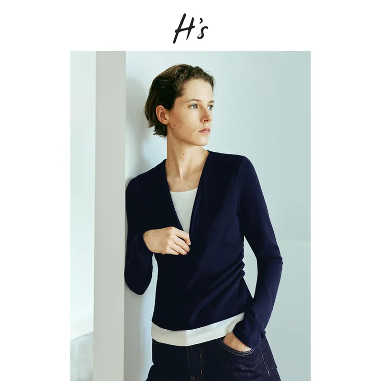 H'S撞色修身小衫上衣女25秋休闲V领假两件套头衫