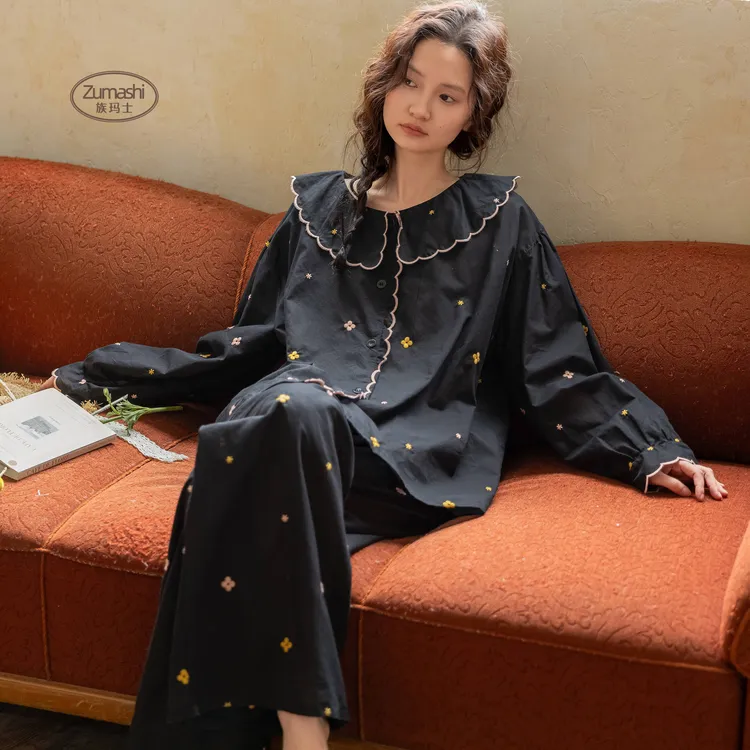 族玛士春夏季刺绣复古长袖长裤纯棉薄款睡衣女家居服套装夏天大码