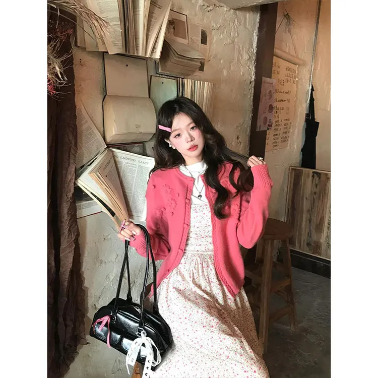 parkyeon甜美风温柔碎花连衣裙女花朵针织开衫内搭打底衫上衣套装