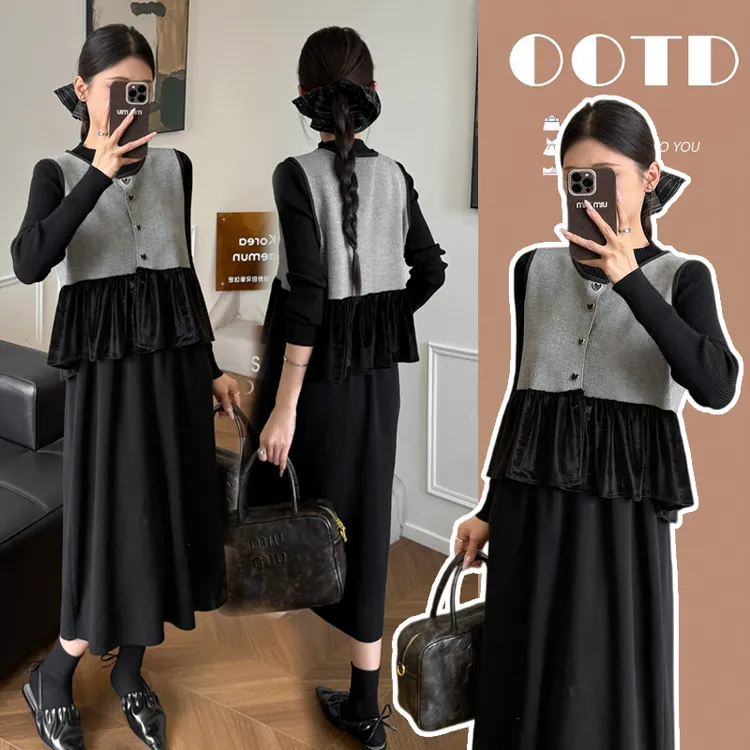 时髦孕妇装新款小香风拼接气质连衣裙针织春秋显瘦洋气时尚两件套