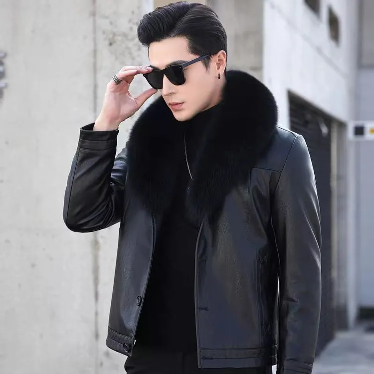冬季中老年真皮皮衣男海宁大毛领爸爸装加绒加厚真皮皮夹克男外套