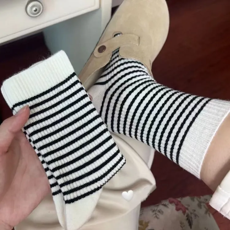 秋冬加厚条纹中筒堆堆袜女士韩版百搭慵懒风外穿潮袜