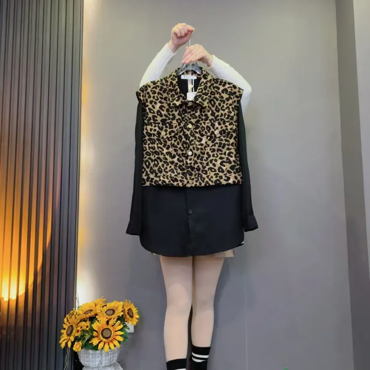 7091（长70左右 ）2025新款时尚甜酷豹纹通勤衬衫长袖拼接假两件