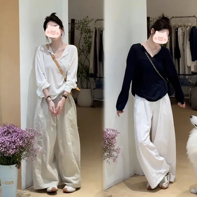 早秋穿搭一整套时尚百搭v领设计上衣+高腰遮肉显瘦休闲裤两件套女