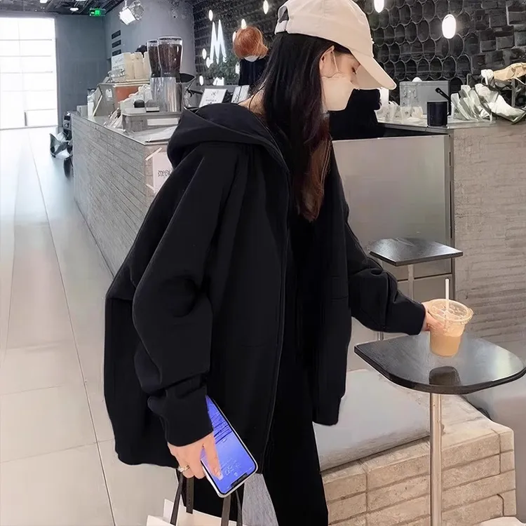 开衫外套女加绒加厚2025新款爆款秋冬黑色美式hiphop卫衣连帽上衣