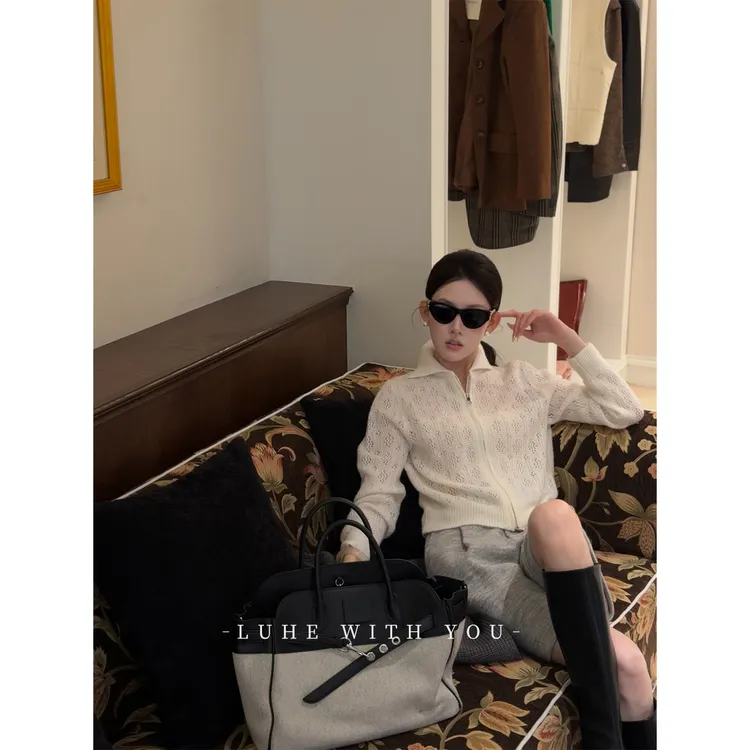 LUHE【香雾白茶】hehe私服~100绵羊毛重工钩花针织衫+羊毛短裤