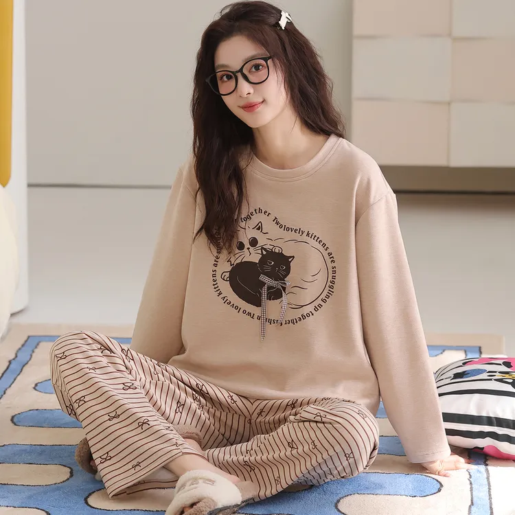 卡之恋睡衣冬加厚加绒美拉德浅咖猫咪毛茸茸家居服【加厚绒料290g】
