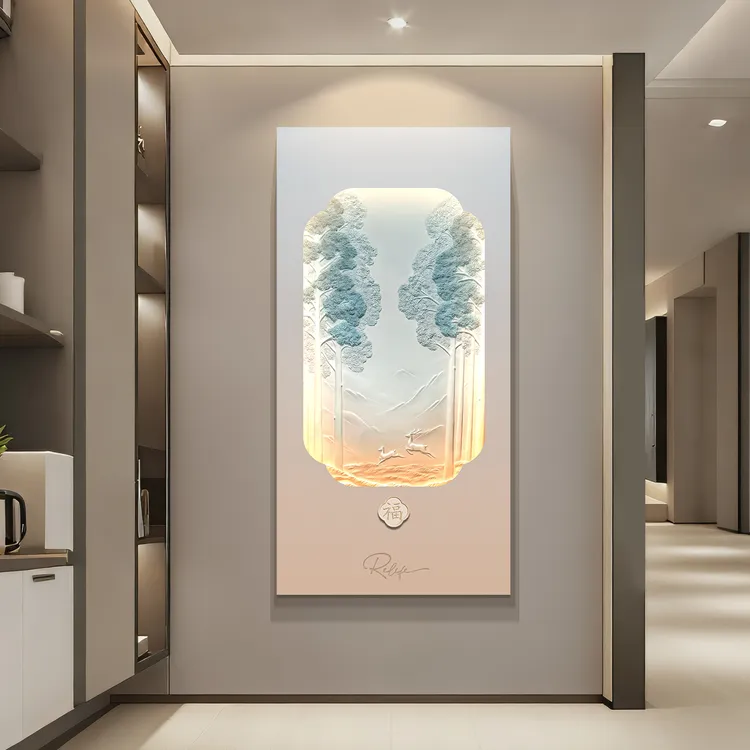 RELIFE/福雕家饰（双鹿迎辉）3D立体浮雕带灯入户玄关高端装饰画