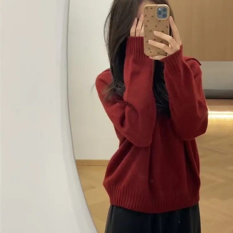 韩系软糯新年红色毛衣女2025秋冬新款翻领气质百搭针织衫上衣ins