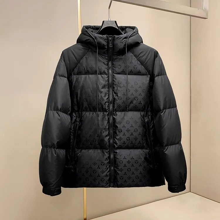 DEFOMONT潮牌连帽羽绒服轻奢撞色微阔暗纹印花白鸭绒加厚外套冬