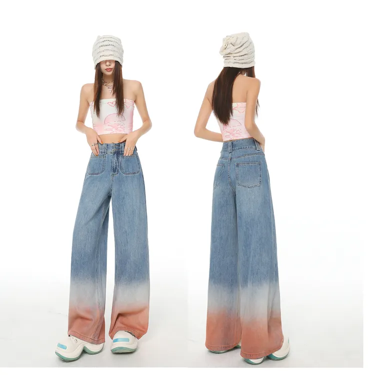 2025秋季新款渐变色高腰宽松休闲阔腿牛仔裤女显瘦直筒宽松拖地裤