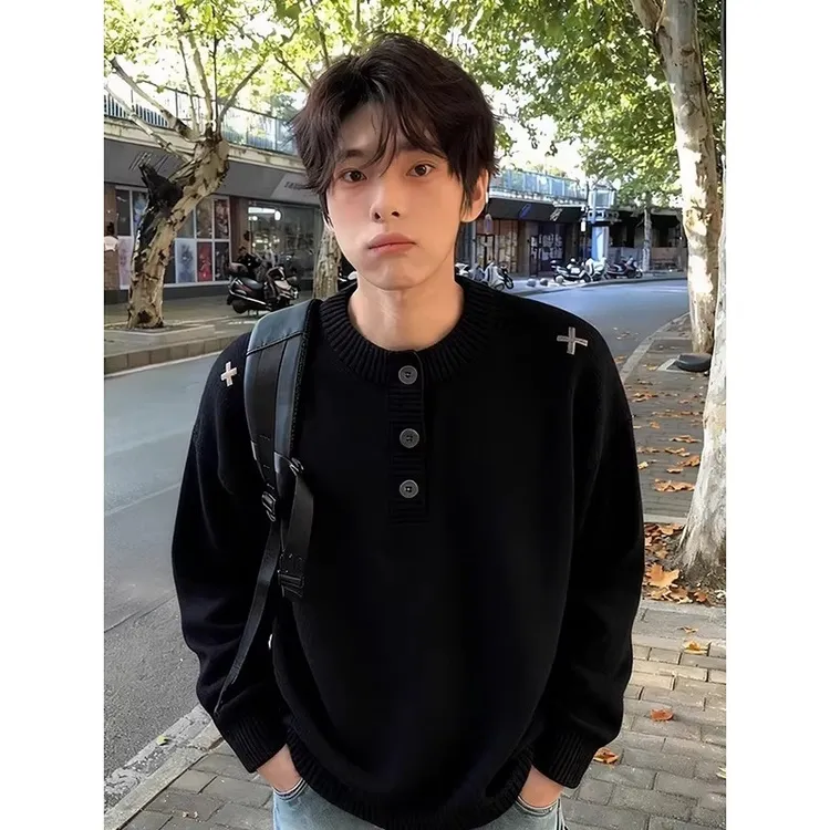 黑色刺绣亨利领毛衣男款冬季慵懒高级感针织衫美式正肩内搭打底衫