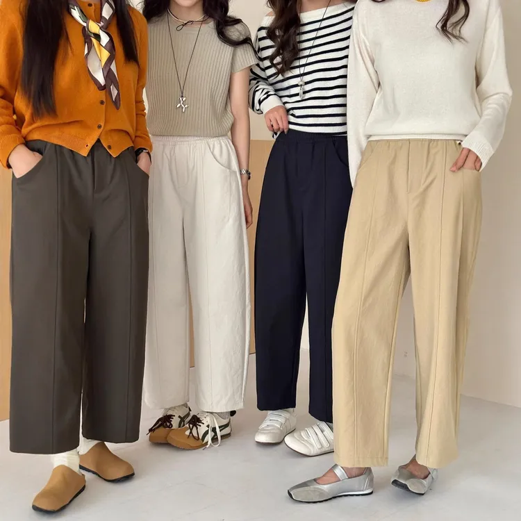 2025早秋新款设计感中线休闲裤女日系斜纹高腰百搭阔腿直筒九分裤
