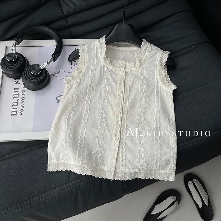 【奶酪小方】女童夏甜美蕾丝提花木耳边无袖背心娃娃衫MPG6127