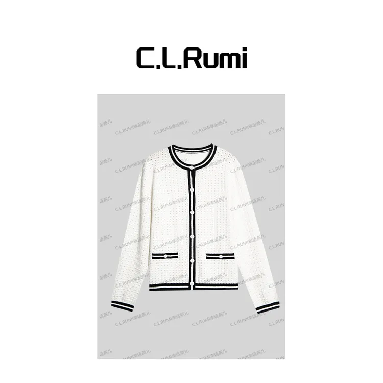 【Rumi小店】”Z*H"早秋经典撞色边圆领镂空小香风开衫上衣7063ks