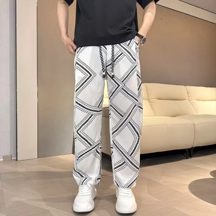 1223夏季潮牌痞帅时尚百搭宽松垂感印花阔腿冰丝休闲裤