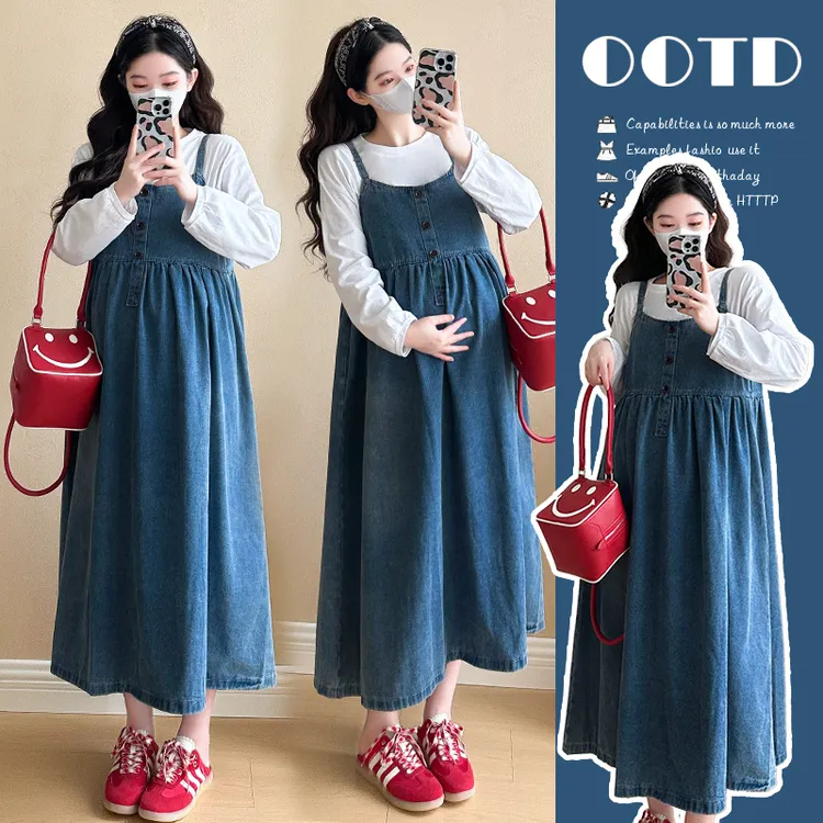 孕妇春季套装2025新款时尚韩版设计感长袖背带裙两件套牛仔连衣裙