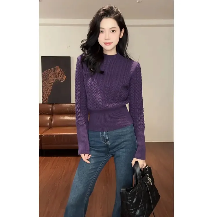 麻花小立领收腰厚款毛针织衫女秋冬新款软糯时尚毛衣