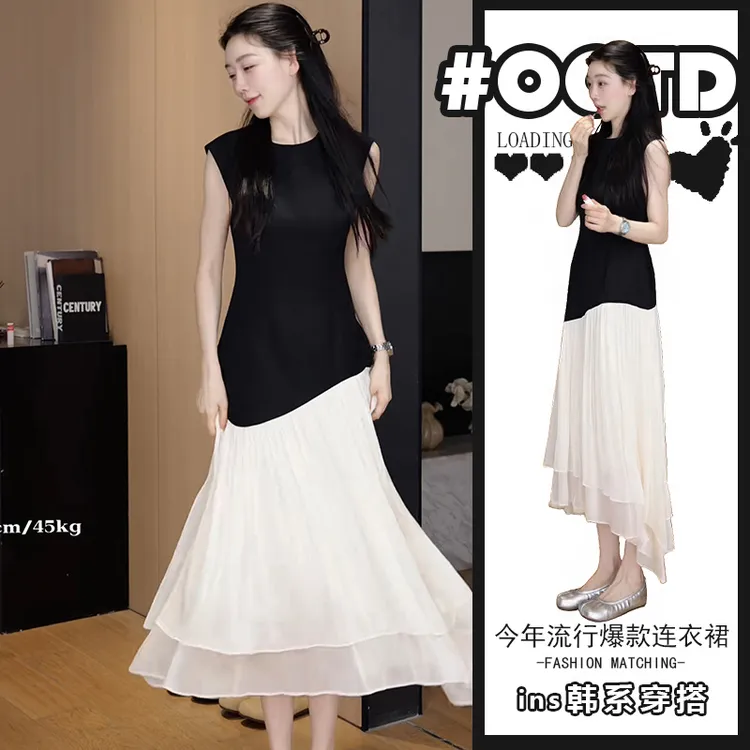 夏季新款桔梗法式气质显瘦连衣裙2025年高级感小众撞色拼接中长裙