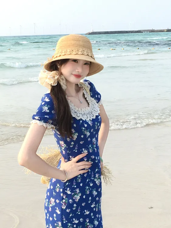 EIA一尧【夏日蓝风铃】韩系显白小清新连衣裙碎花气质显瘦温柔蕾丝