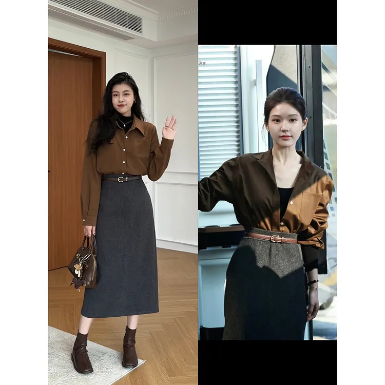 张阿星【冬日新贵】咖色假两件衬衫+灰色毛呢半裙W425A17514