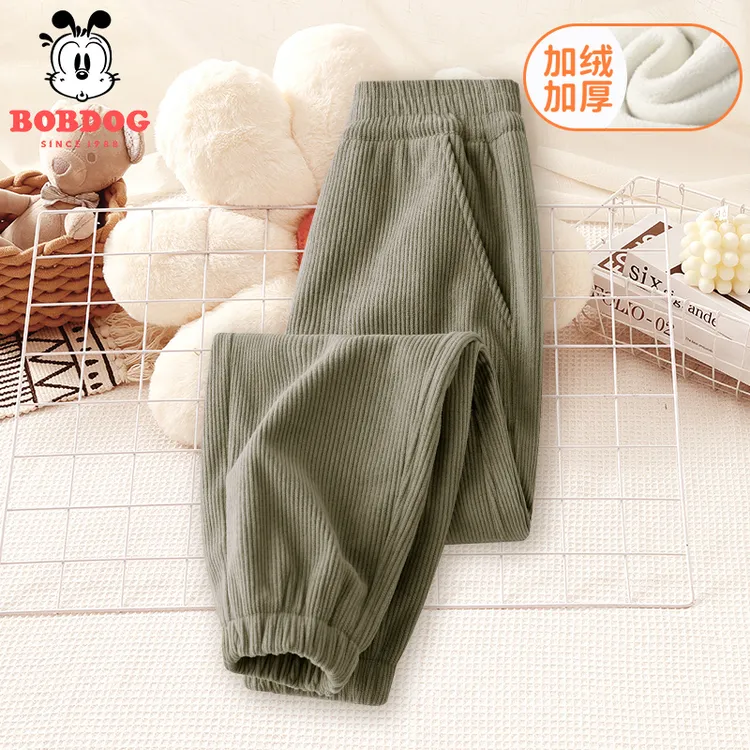 巴布豆儿童灯芯绒长裤加绒加厚秋冬款男女童一体绒男童裤子童装潮