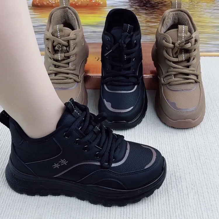 真皮秋冬新款加绒女士休闲运动鞋轻便跑步鞋时尚防滑软底老爹鞋