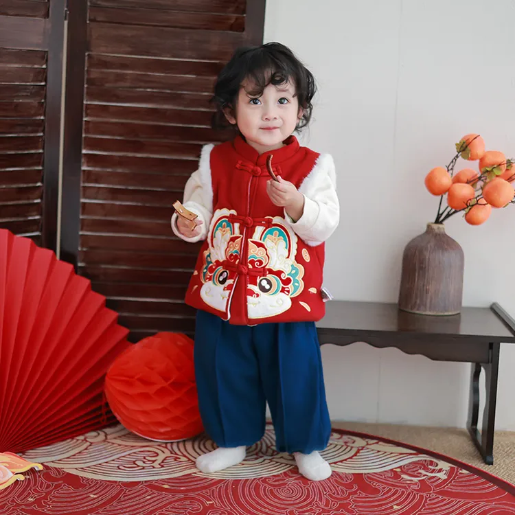 儿童马甲冬季加绒宝宝背心中国风醒狮男女童马甲儿童冬季过年服装