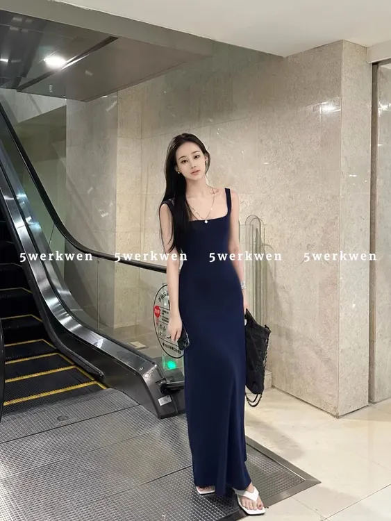 南法休闲度假慵懒法式风收腰长宽A字版宽肩带连衣裙长裙气质裙子