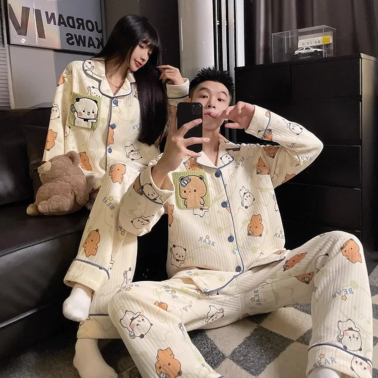 卡通可爱情侣睡衣女春秋季加厚空气棉长袖可外穿男士家居服套装冬