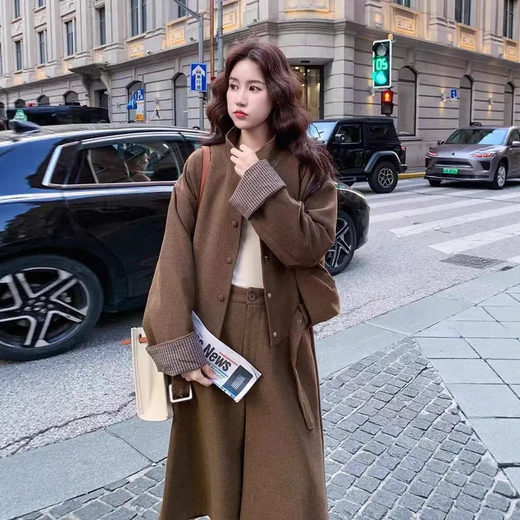 syfs9164咖色复古美拉德毛呢套装2025秋冬短外套七分阔腿裤两件套