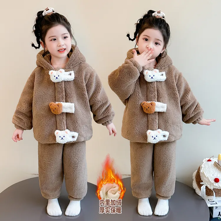 儿童睡衣女孩珊瑚绒秋冬季双层加绒加厚宝宝冬款法兰绒女童家居服