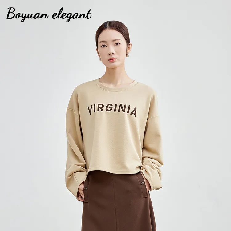 柏媛短款时尚字母休闲卫衣女2026新款宽松显瘦长袖慵懒风圆领上衣