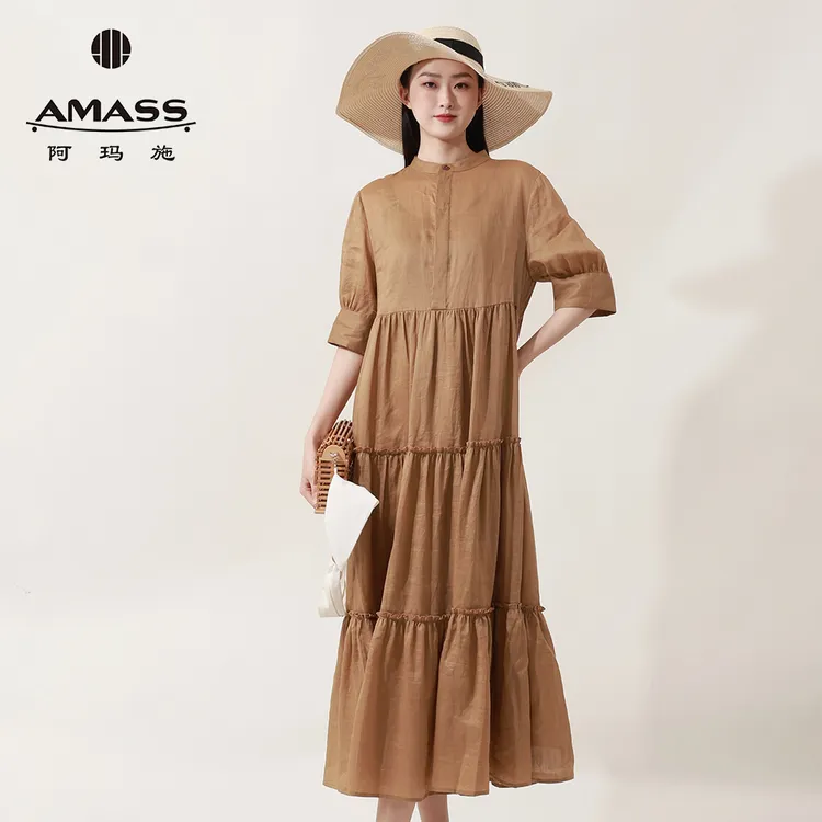 阿玛施AMASS分层褶皱苎麻短袖优雅连衣裙新款长裙女附内搭550061