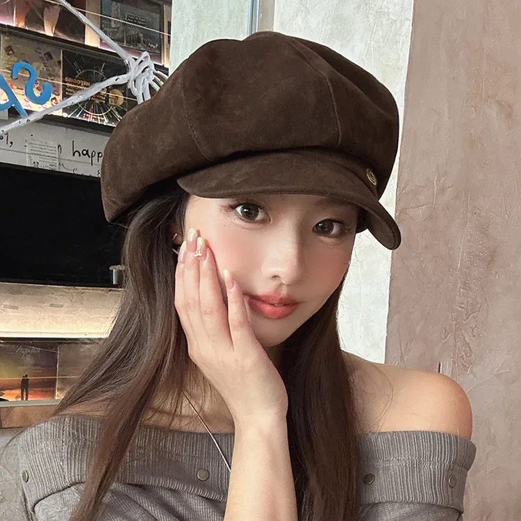 帽子女秋冬新款美式复古麂皮绒八角帽大头围韩版百搭显脸小贝雷帽