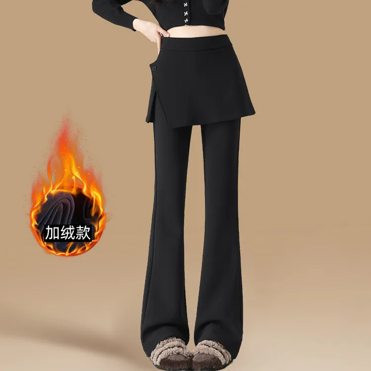 加绒微喇裤女秋冬2025新款高腰显瘦假两件屁帘加长时尚西装喇叭裤